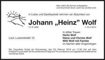 Traueranzeige von Johann Wolf von Pegnitz-Zeitung
